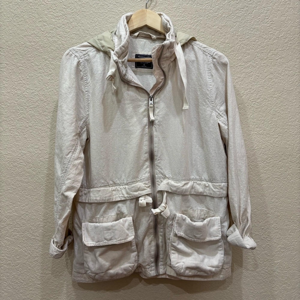 Abercrombie & Fitch Cream Hooded Linen / Cotton Blend Jacket Size Medium Y2K